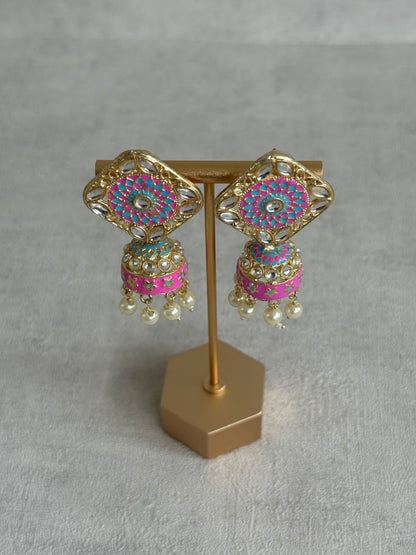Ayura Designs Rangoli Jhumkis – Aqua Blue & Hot Pink Meenakari with Pearl Drops in Antique Gold Finish