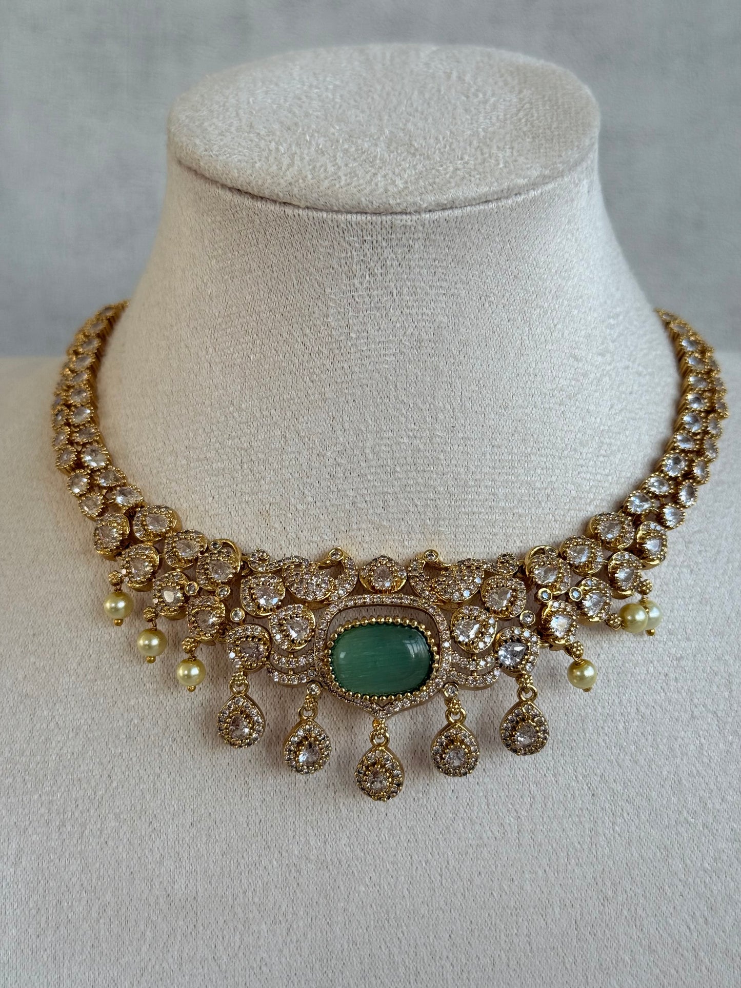 Ayura Designs Amreen Set with Earrings – Interchangeable Centre Stones with Peacock Motifs, Crystal Detailing & Pearl Drops