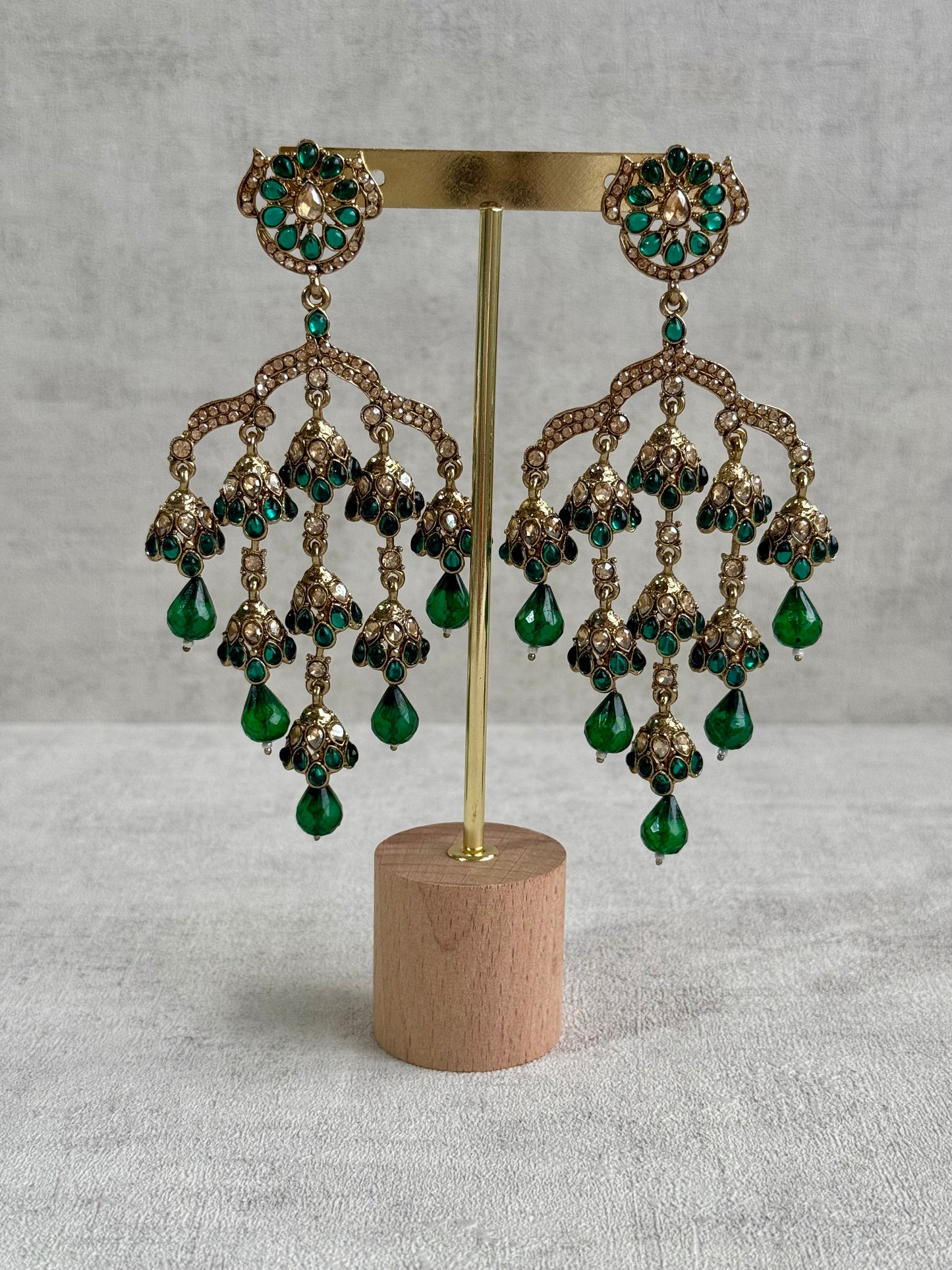 Ayura Designs Jasmine Earrings – Chandelier Earrings with Emerald Green Beads & Antique Gold Detailing