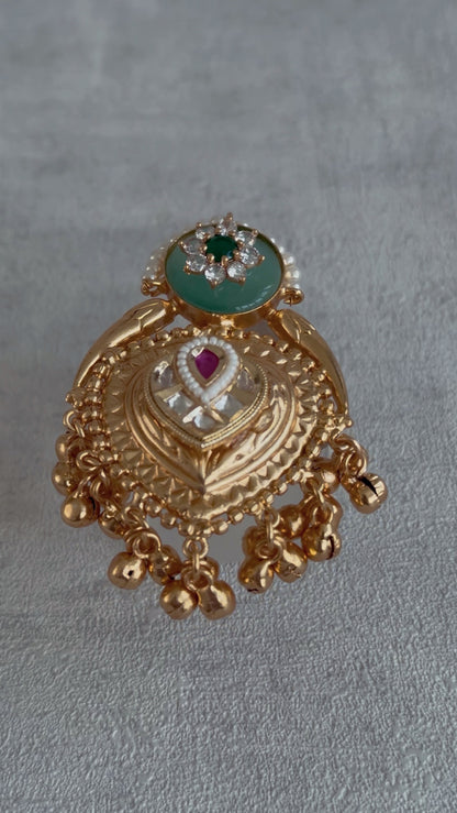 Ayura Designs Sorcha Adjustable Ring – Pistachio Green Enamel, Pearl Detailing, Antique Gold & Mirror-Cut Stones