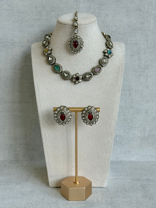 Ayura Designs Ivy Necklace Set with Studs & Tikka – Multicolour Kundan Detailing