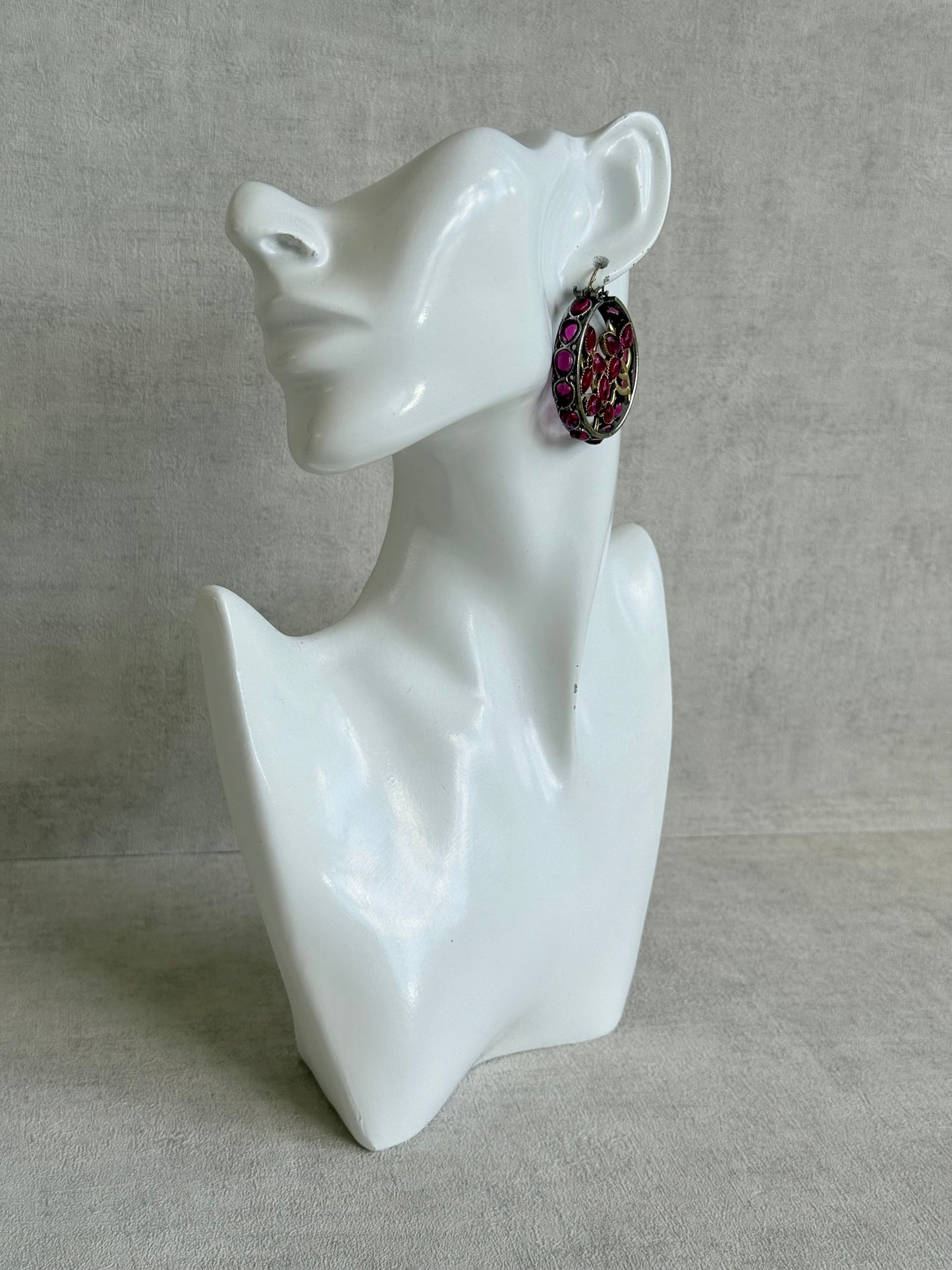 Ayura Designs Nureh Earrings – Dual Tone Floral Hoop Earrings with Ruby Pink Stones & Cutwork Detailing