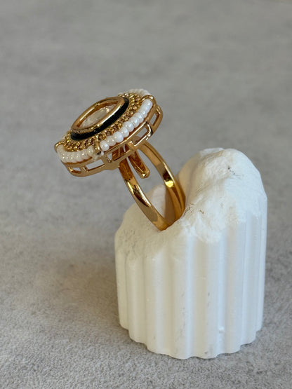 Ayura Designs Roselle Adjustable Ring – Moissanite Centre with Crystal Border & Ivory Pearls