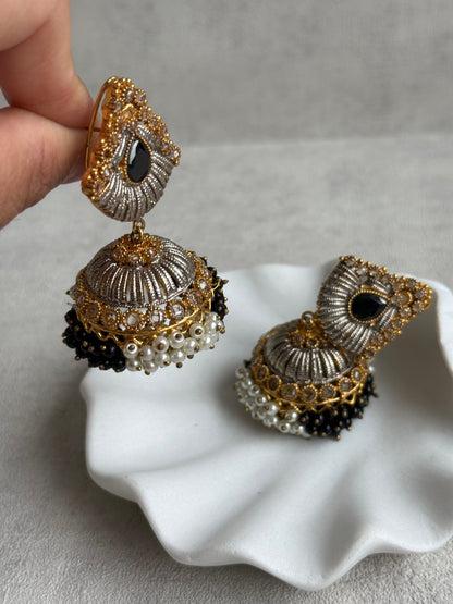 Ayura Designs Nasha Jhumkis – Silver & Gold Dual-Tone Earrings with Black & Pearl Beads