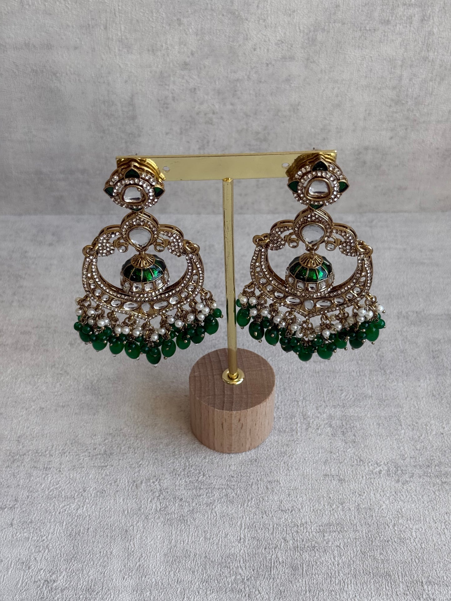 Ayura Designs Reha Earrings – Statement Chandbalis with Emerald Green Beads, Pearls & Mirror-Cut Stones