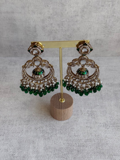 Ayura Designs Reha Earrings – Statement Chandbalis with Emerald Green Beads, Pearls & Mirror-Cut Stones