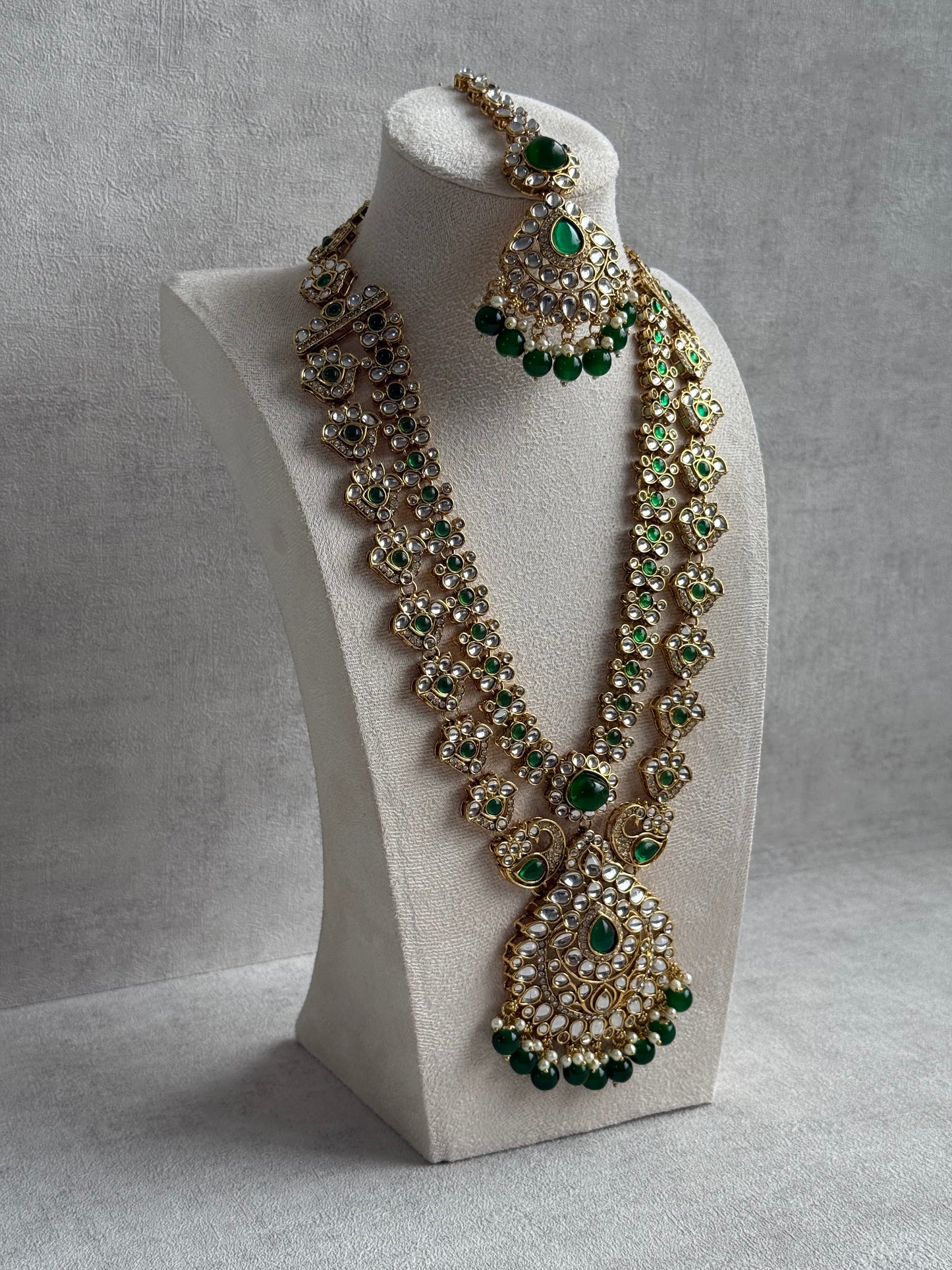 Ayura Designs Javeria Set with Earrings & Tikka – Emerald Green Stones, Mirror Kundan & Gold Finish