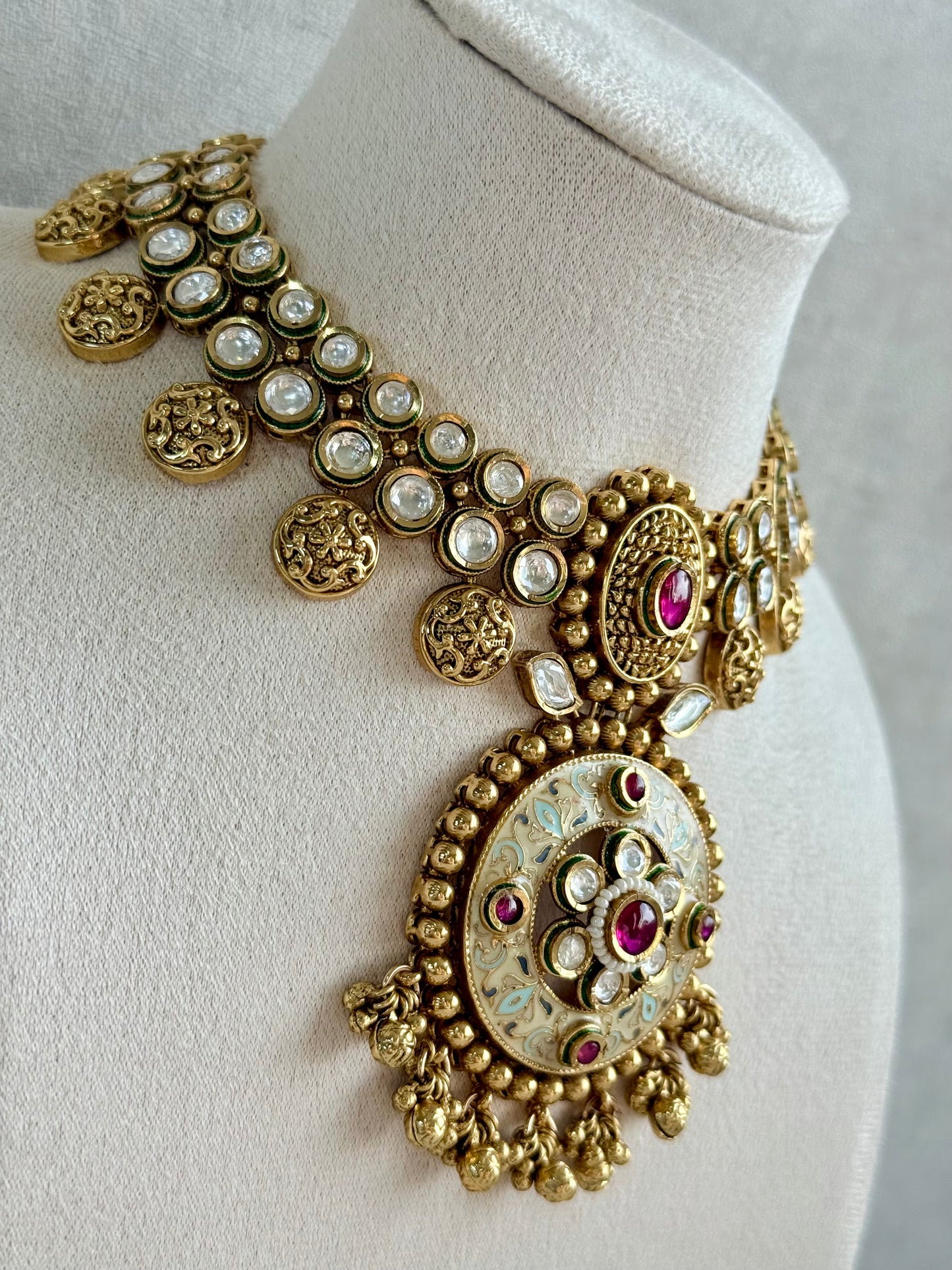 Ayura Designs Zayna Set with Necklace & Earrings – Ivory Meenakari with Rani Pink Stones