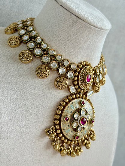 Ayura Designs Zayna Set with Necklace & Earrings – Ivory Meenakari with Rani Pink Stones