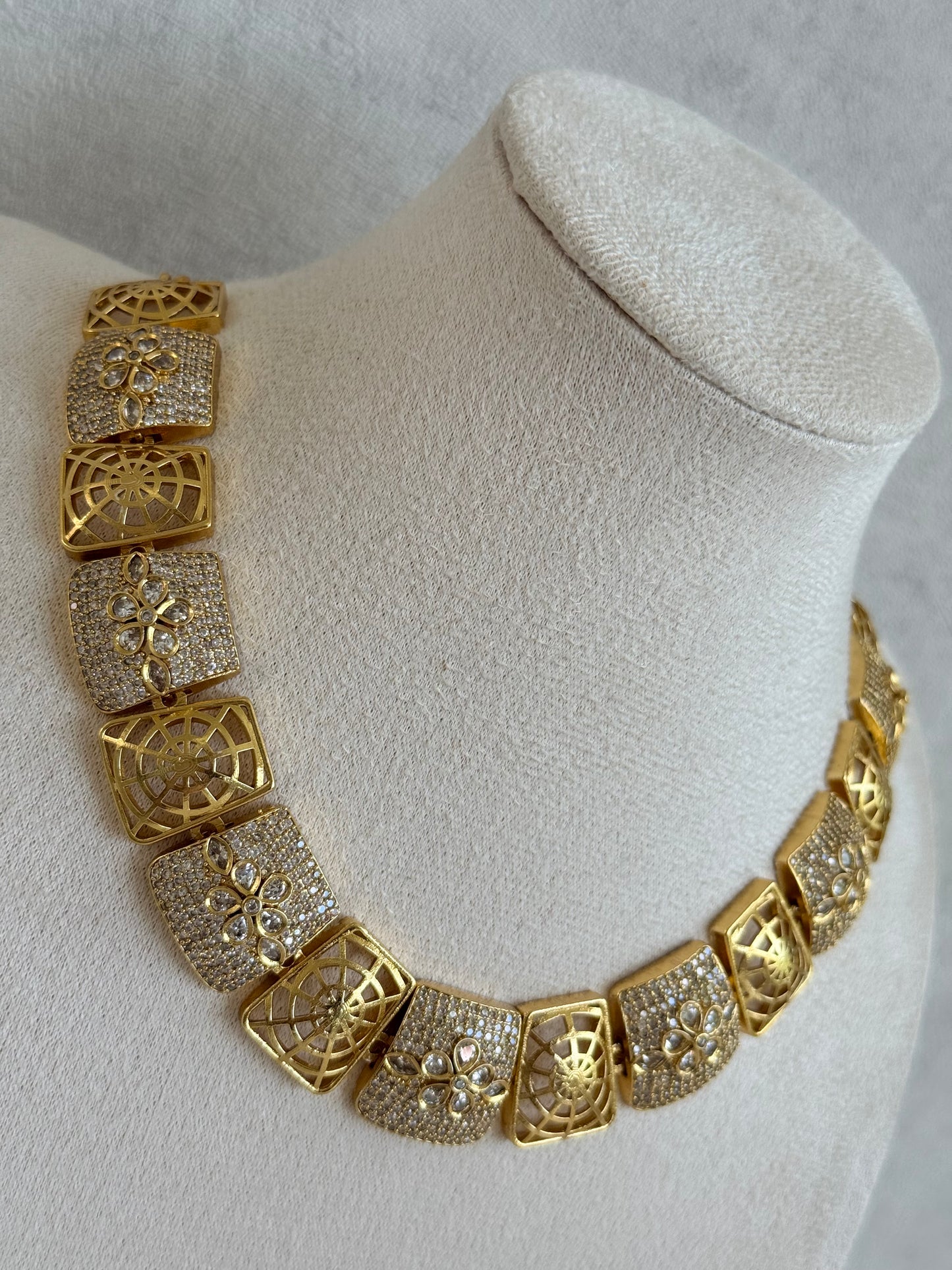 Ayura Designs Vibha Necklace & Stud Earrings Set – Gold Floral Statement Design with Crystal Detailing