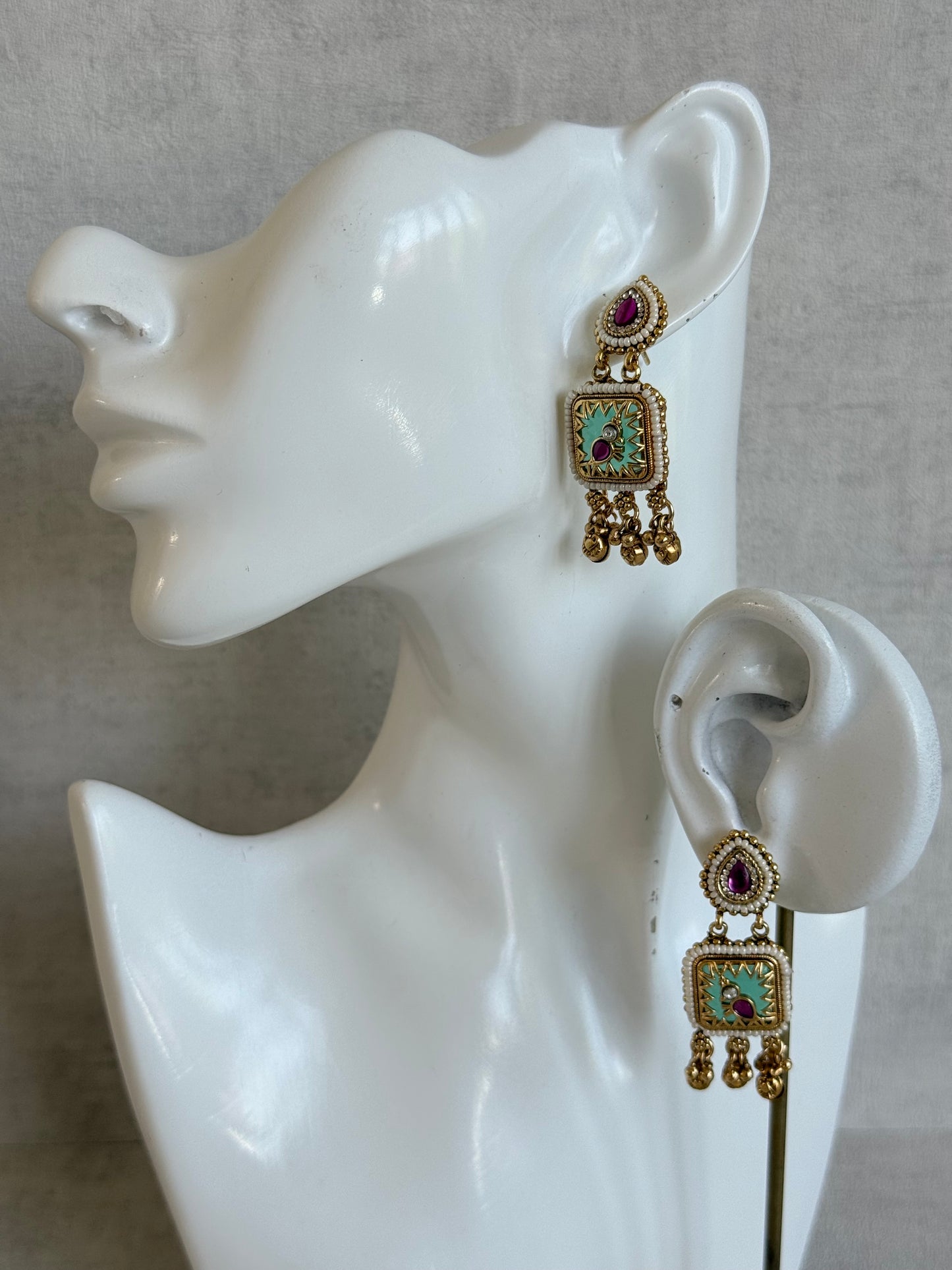 Ayura Designs Inira Drop Earrings – Mint Green Enamel Bird Earrings with Rani Pink Kundan & Ghungroo Drops
