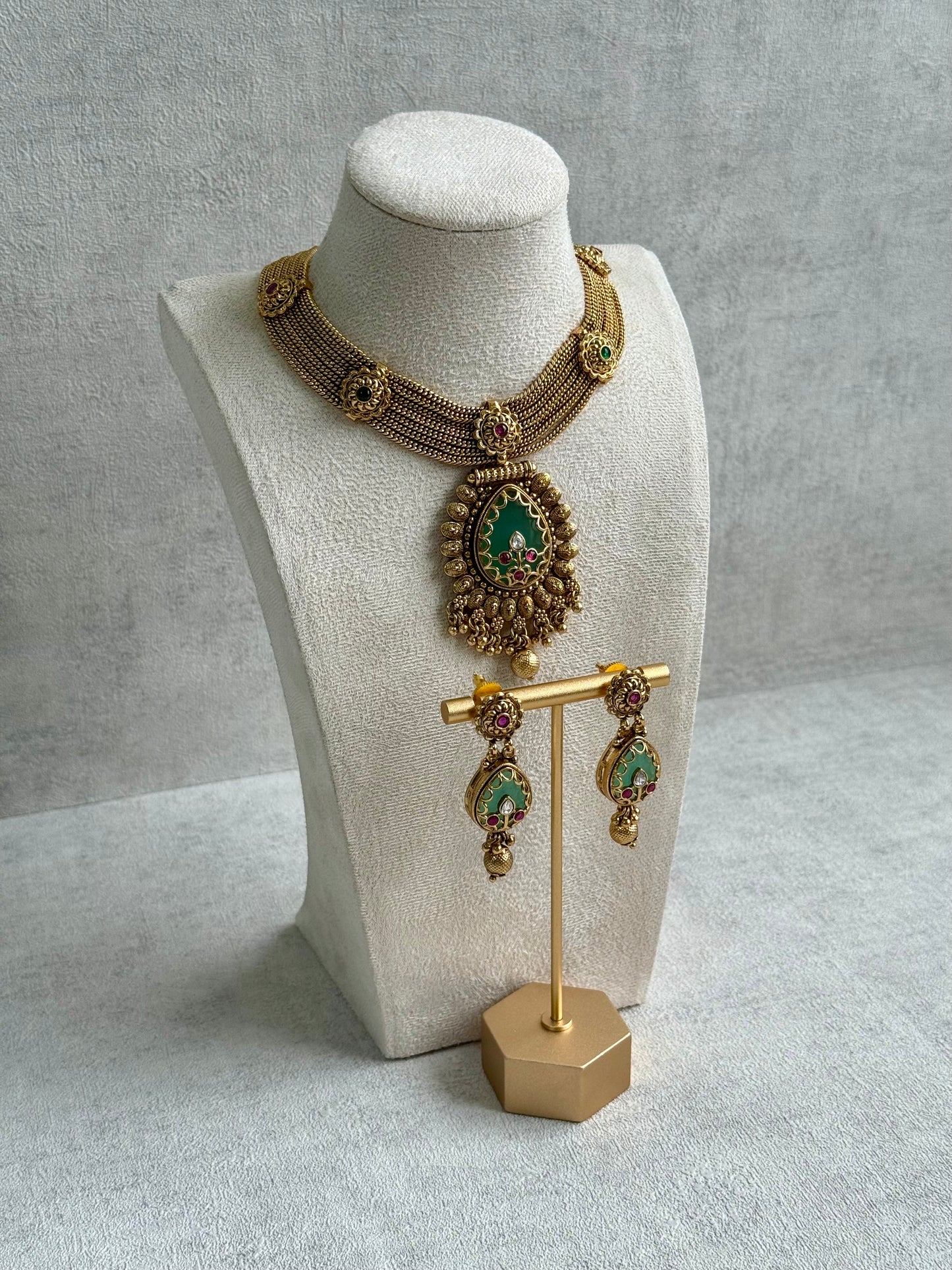 Ayura Designs Ishani Set – Necklace & Earrings with Antique Gold Finish, Pistachio Enamel, Ruby & Polki Detailing