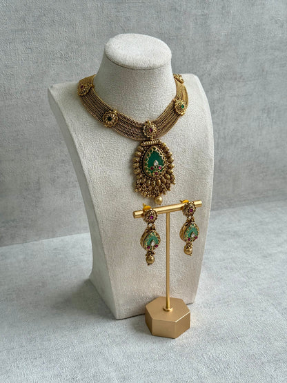 Ayura Designs Ishani Set – Necklace & Earrings with Antique Gold Finish, Pistachio Enamel, Ruby & Polki Detailing