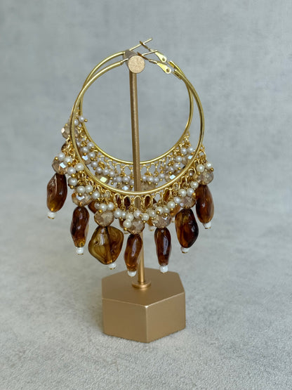 Ayura Designs Heer Balis – Gold Hoops with Smokey Amber Marble Beads, Pearls & Crystal Detailing