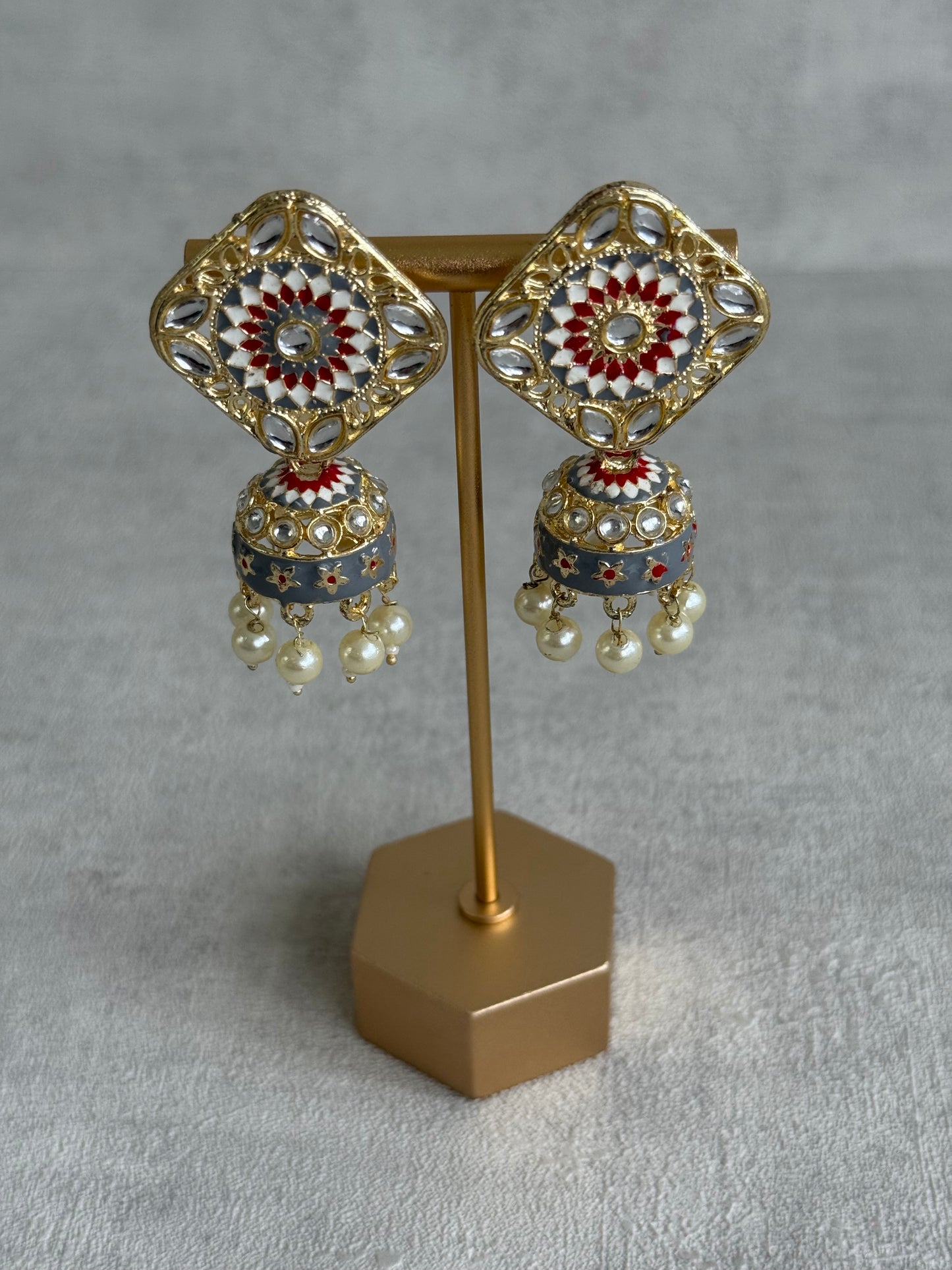 Ayura Designs Rangoli Jhumkis – Slate Grey, Ruby Red & Ivory Meenakari with Pearl Drops in Antique Gold Finish