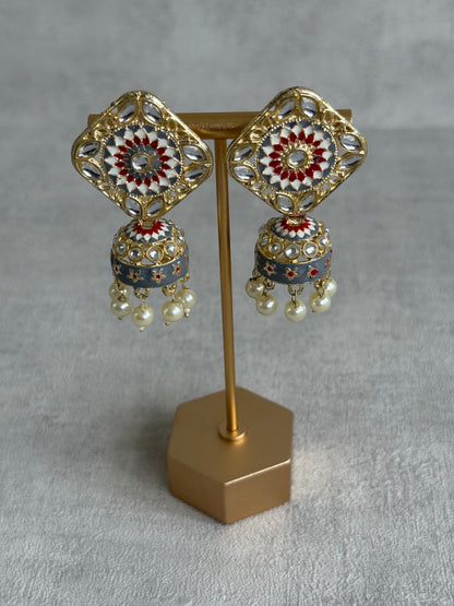 Ayura Designs Rangoli Jhumkis – Slate Grey, Ruby Red & Ivory Meenakari with Pearl Drops in Antique Gold Finish