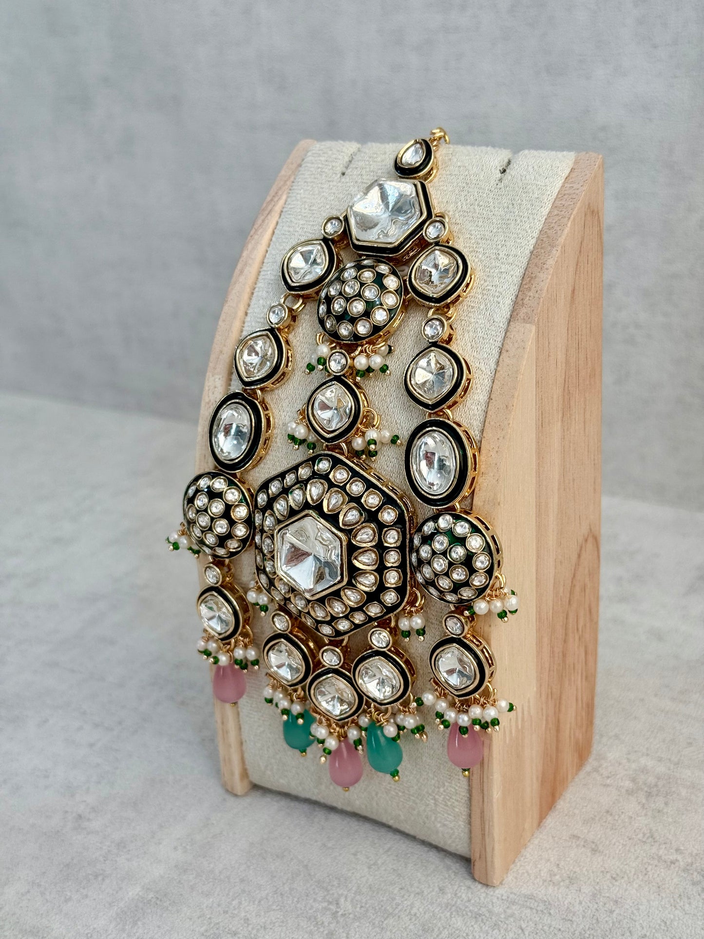 Ayura Designs Visha Jhoomar Passa – Polki Kundan with Blush Pink & Aqua Blue Drops and Pearl Detailing