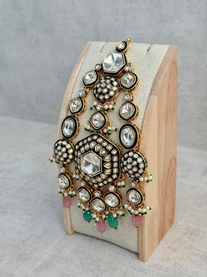 Ayura Designs Visha Jhoomar Passa – Polki Kundan with Blush Pink & Aqua Blue Drops and Pearl Detailing