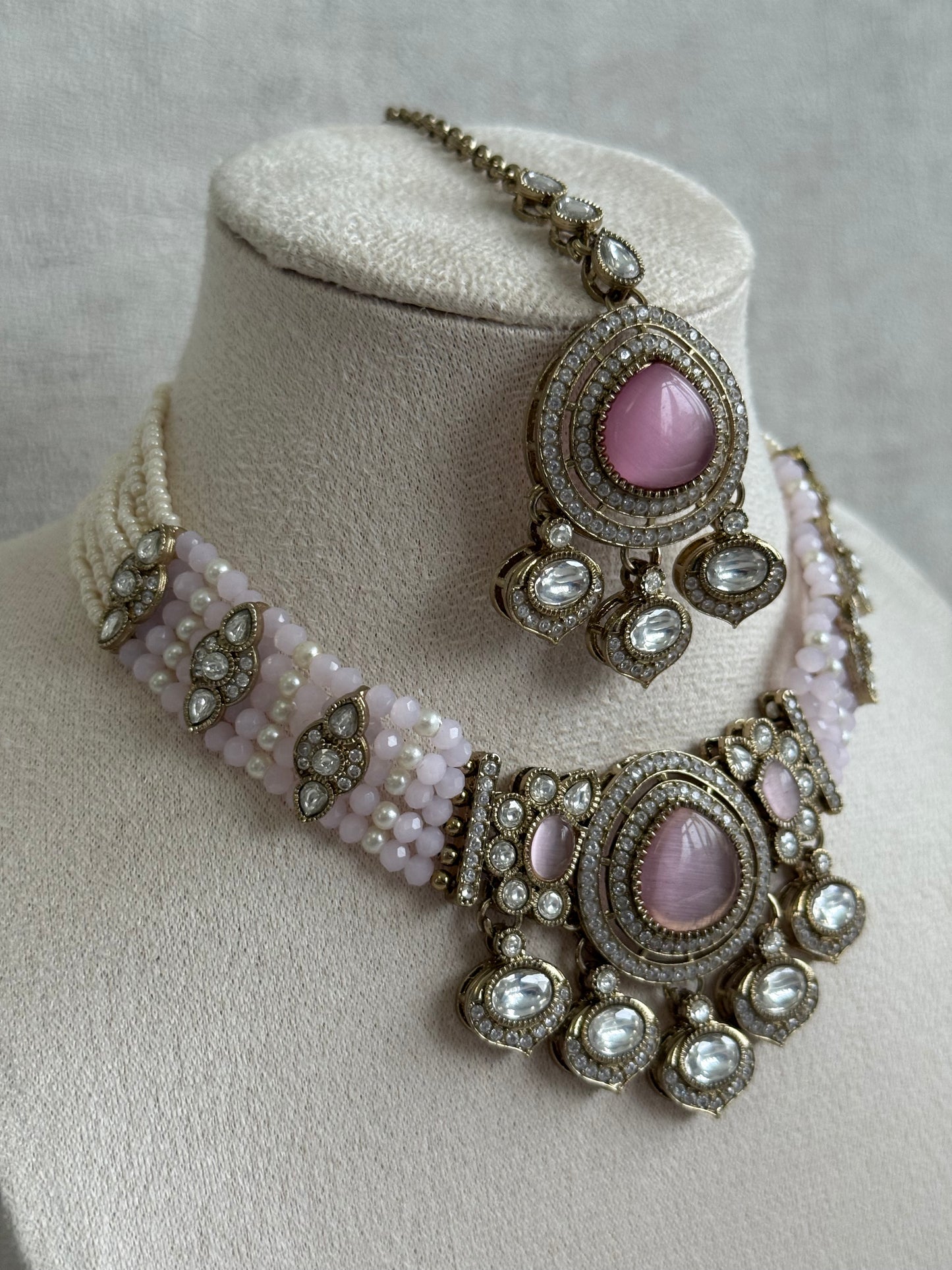Ayura Designs Rahi Necklace Set with Earrings & Tikka – Blush Pink Stones with Mirror-Cut Detailing & Pearl Strands