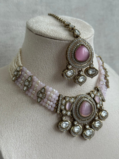 Ayura Designs Rahi Necklace Set with Earrings & Tikka – Blush Pink Stones with Mirror-Cut Detailing & Pearl Strands