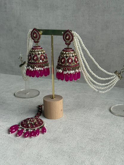 Ayura Designs Amrita Set – Jhumkis with Sahare & Tikka in Hot Pink Beads, Pearls and Antique Gold Finish