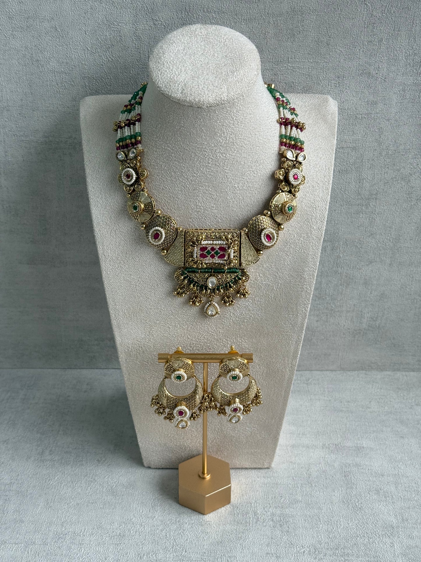 Ayura Designs Purvi Set – Necklace & Earrings with Antique Gold Filigree, Ruby, Emerald & Pearl Detailing