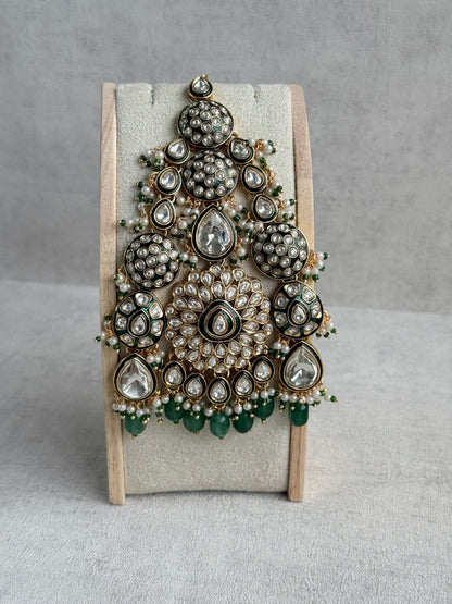 Ayura Designs Zoha Jhoomar Passa – Mirror-Cut Kundan with Emerald Green Drops, Pearl Detailing & Antique Gold Finish