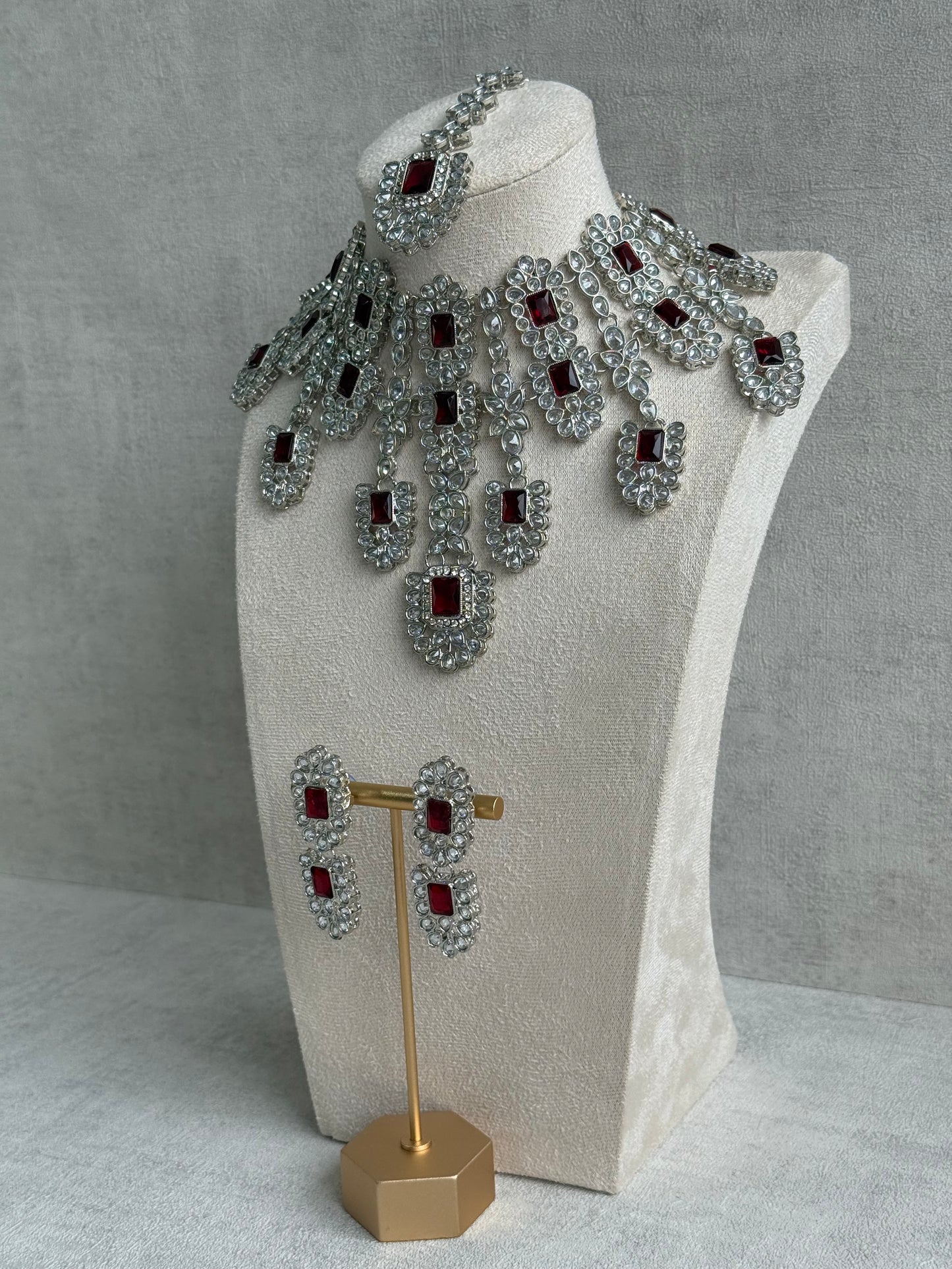 Ayura Designs Zinnia Set – Necklace, Earrings & Tikka with Ruby Red Stones and Mirror-Cut Polki in Silver Finish