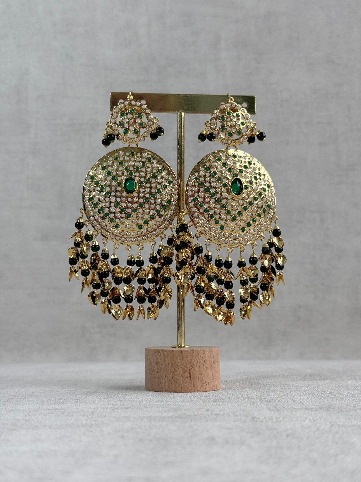 Ayura Designs Seerat Earrings – Emerald Green Gold Pippal Patti Design with Pearls