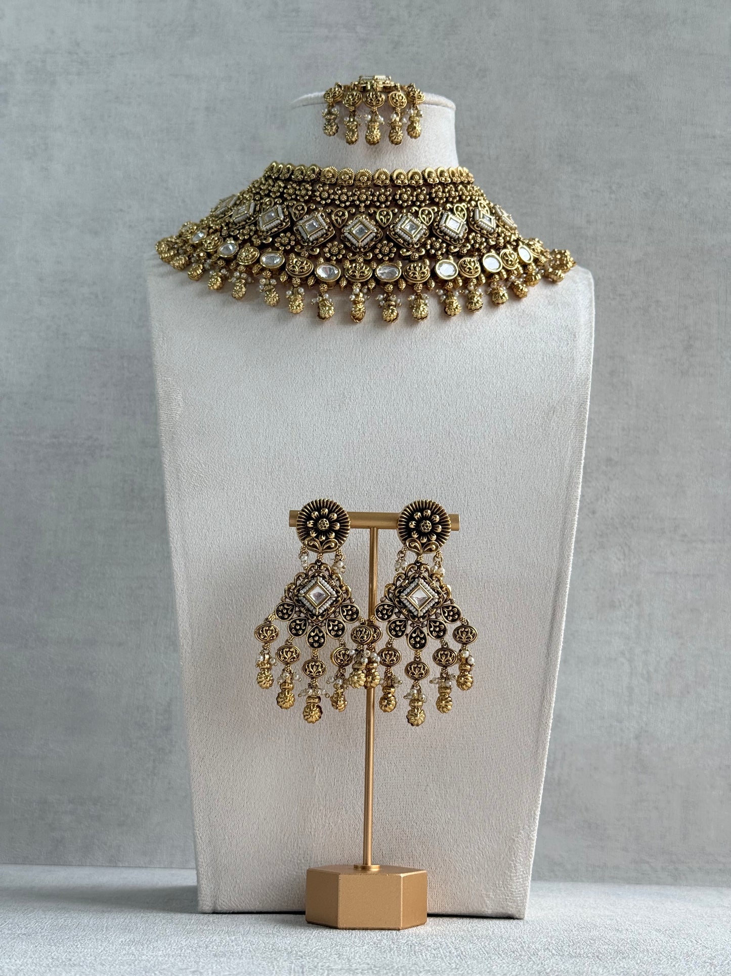 Ayura Designs Ehsaas Bridal Set with Earrings & Tikka – Kundan Stones, Pearls in Antique Gold Finish
