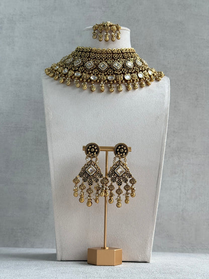 Ayura Designs Ehsaas Bridal Set with Earrings & Tikka – Kundan Stones, Pearls in Antique Gold Finish