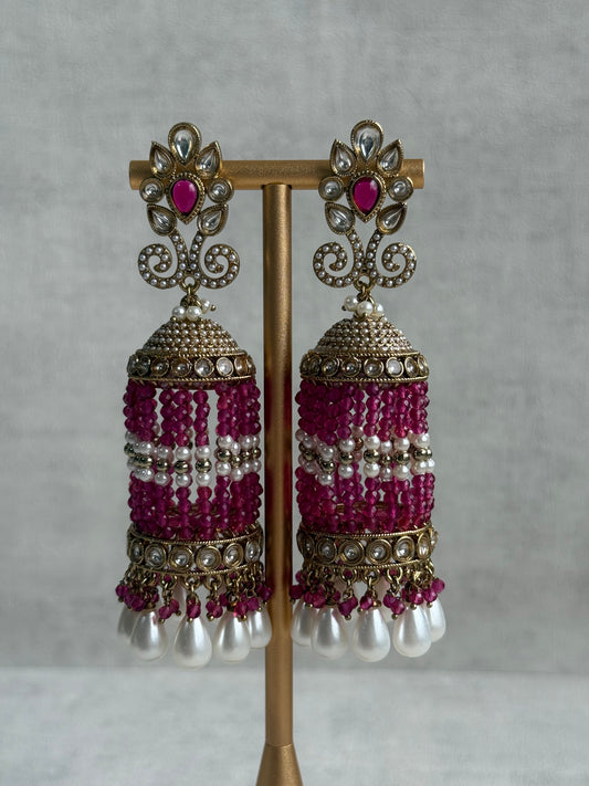 Ayura Designs Sage Earrings – Statement Jhumkis with Mirror-Cut Stones, Pearl Drops & Fuchsia Beads