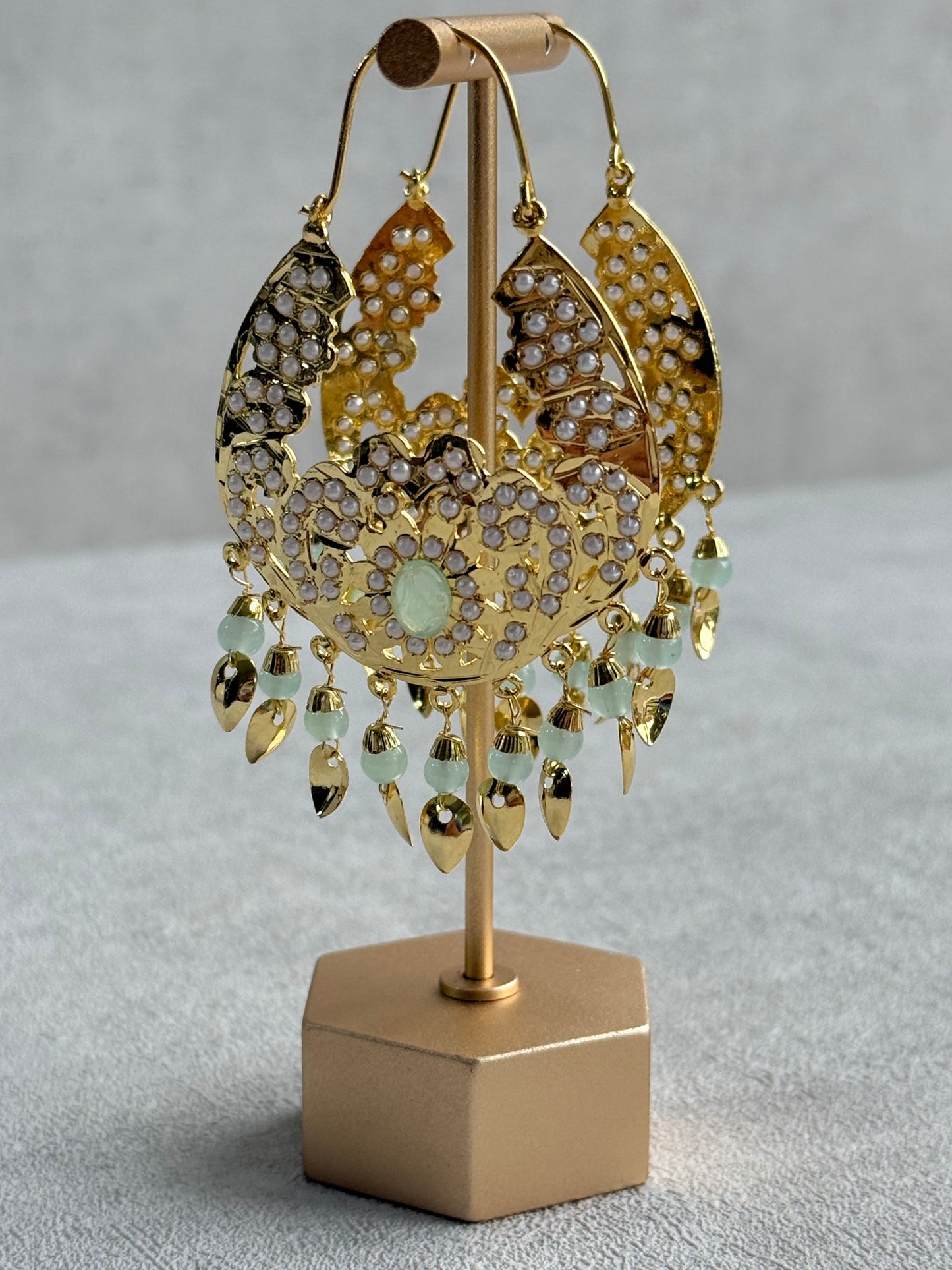 Ayura Designs Nimrat Balis – Mint Green & Ivory Pearls with Pippal Patti & Gold Finish