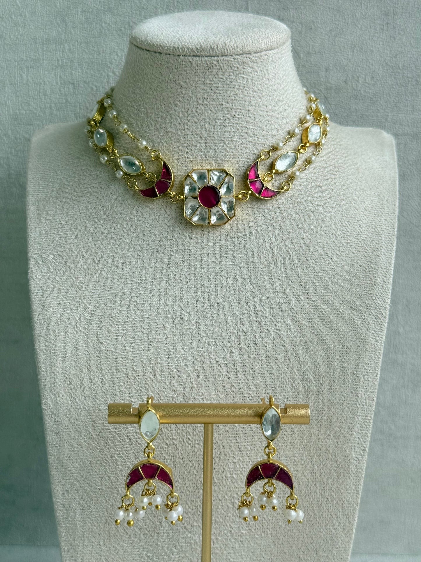 Ayura Designs Mahi Choker Set with Earrings – Meenakari Kundan Hot Pink & Ivory Detailing
