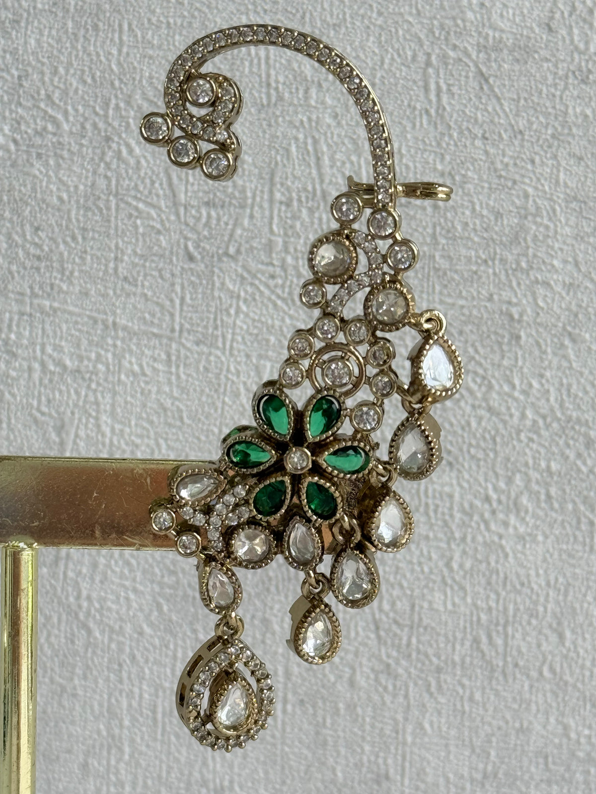 Ayura Designs Aksara Kaanphool Earrings – Emerald Green Stones, Kundan, Crystals & Antique Gold Finish