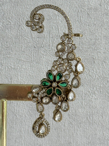 Ayura Designs Aksara Kaanphool Earrings – Emerald Green Stones, Kundan, Crystals & Antique Gold Finish