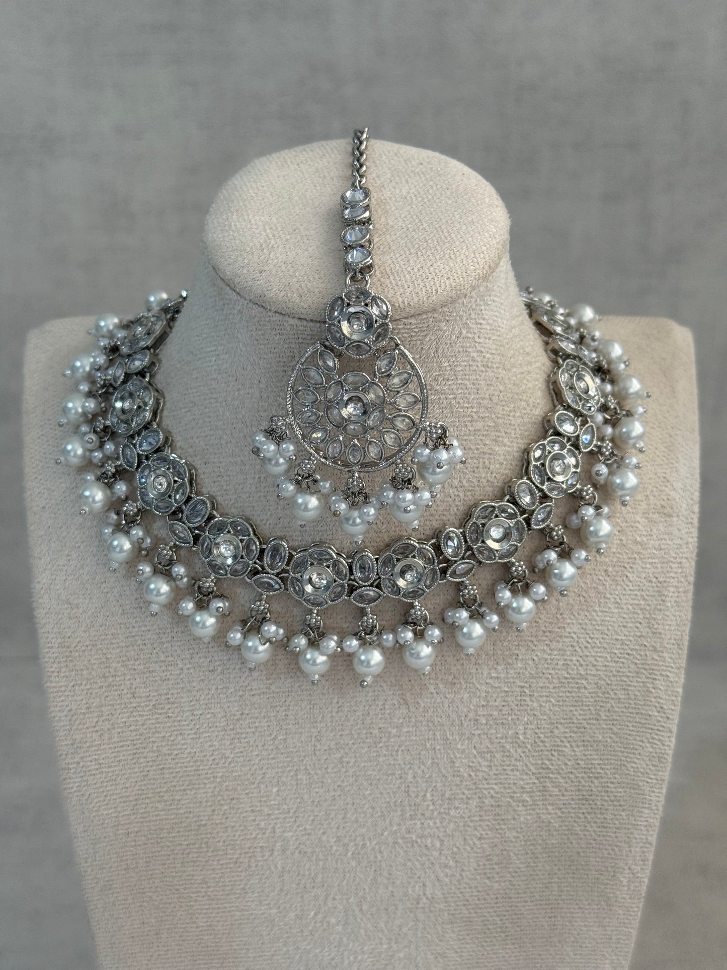 Ayura Designs Zimal Set – Mirror-Cut Stones with Ivory Pearls & Antique Silver Finish