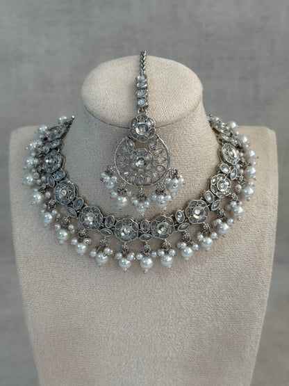 Ayura Designs Zimal Set – Mirror-Cut Stones with Ivory Pearls & Antique Silver Finish