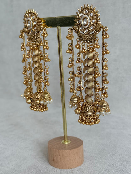 Ayura Designs Ishya Jhumkis – Gold Ghungroo Chain Earrings with Ivory Kundan & Pearls
