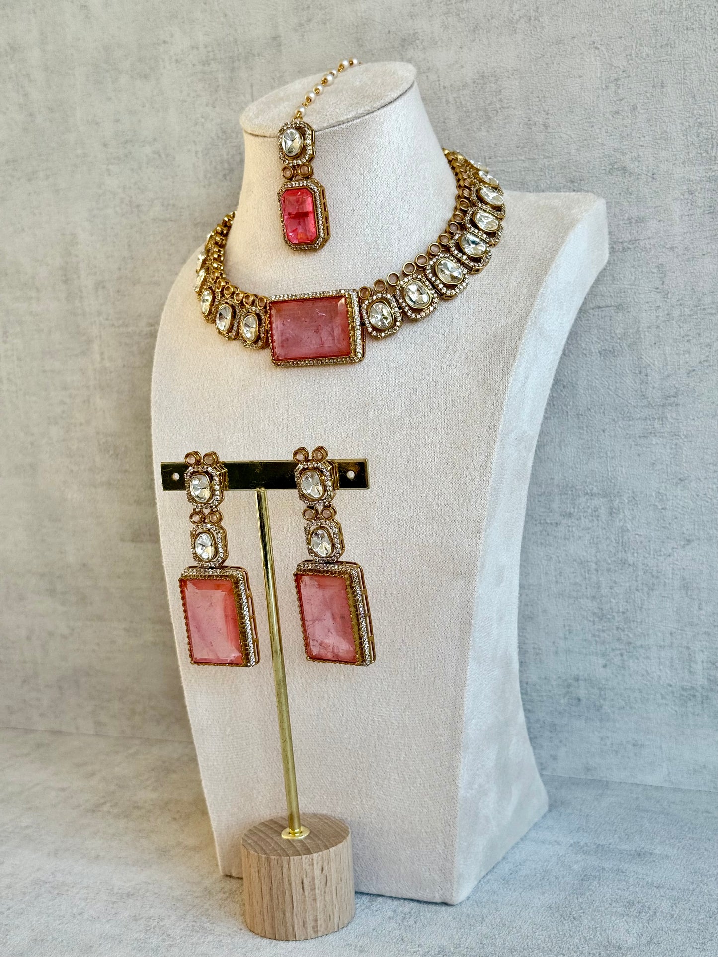 Ayura Designs Clara Set with Earrings and Tikka – Rose Quartz Pink Stones with Moissanite and Antique Gold Finish