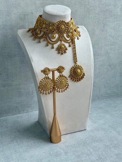 Ayura Designs Sahiban Set – Antique Gold Choker, Earrings & Tikka with Textured Filigree Motifs