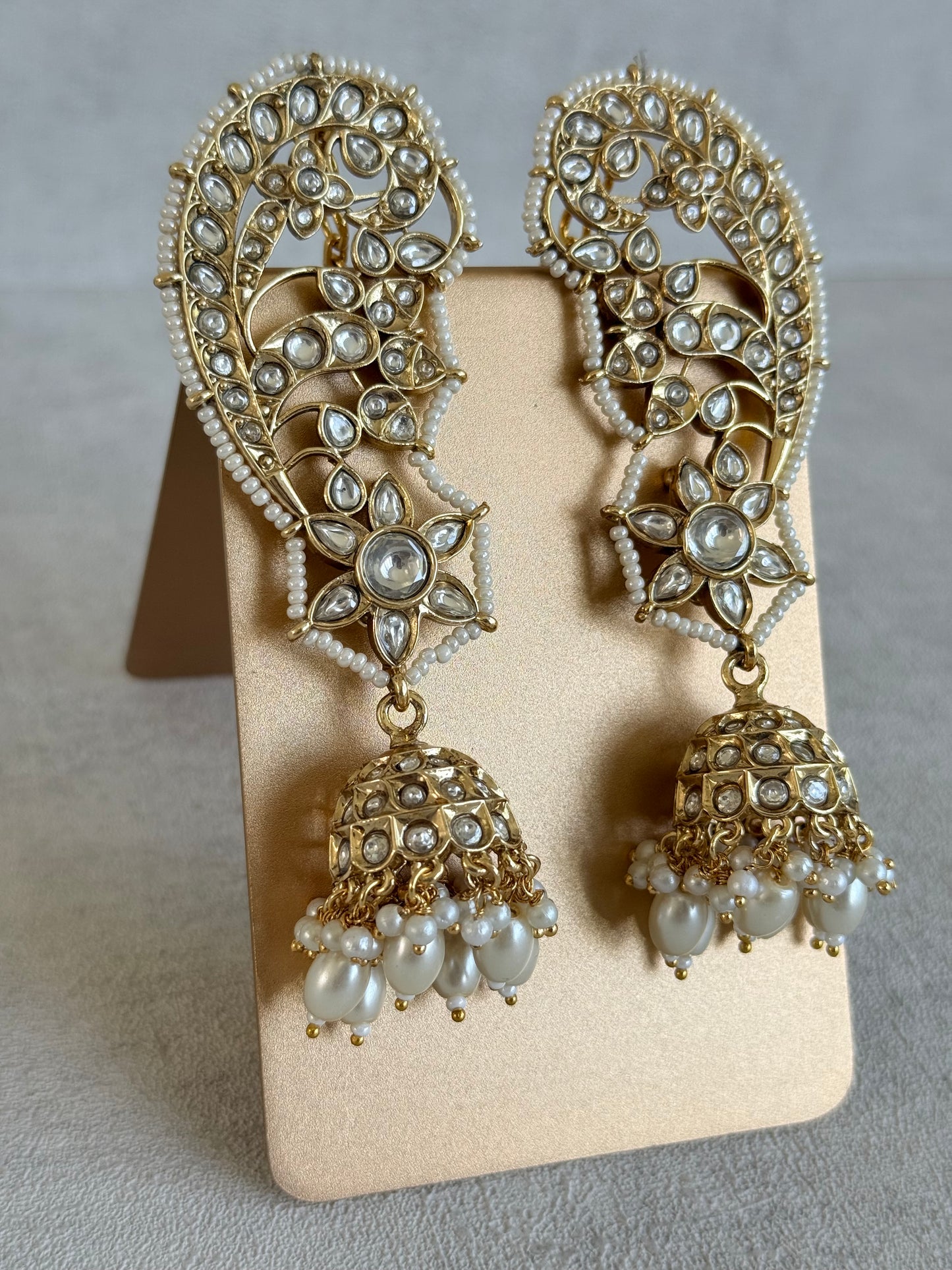 Ayura Designs Urisha Ear Climber Jhumkis – Pearl & Kundan Earrings, Indian Pakistani Bridal Wedding Jewellery