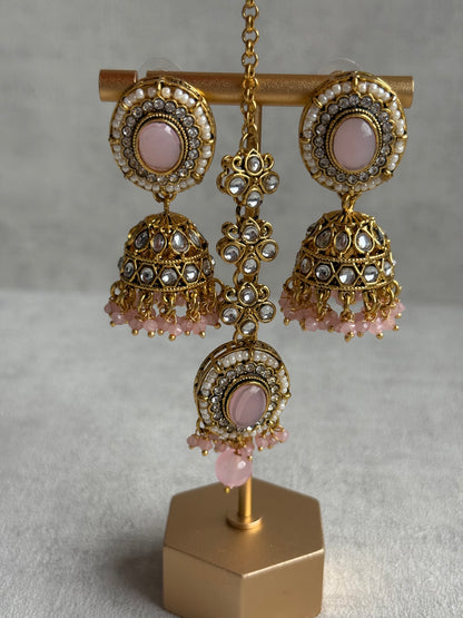 Ayura Designs Muskaan Set – Choker, Jhumkis & Tikka with Blush Pink Beads, Kundan Stones & Antique Gold Finish