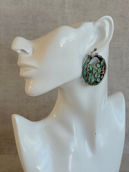 Ayura Designs Nureh Earrings – Dual Tone Floral Hoop Earrings with Mint Green Stones & Cutwork Detailing