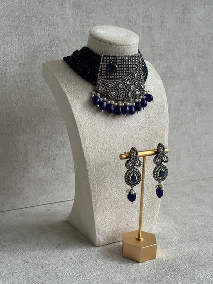Ayura Designs Summer Choker Set with Earrings – Midnight Blue Beads & Oxidised Silver Finish