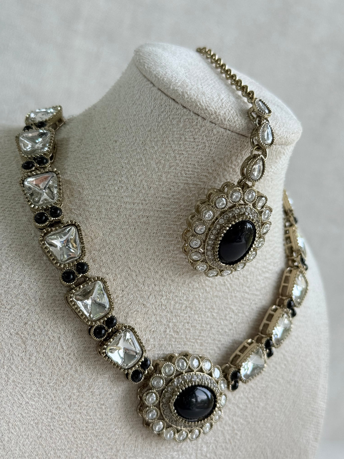 Ayura Designs Inza Necklace Set – Black Stones, Kundan & Crystals with Antique Gold Finish