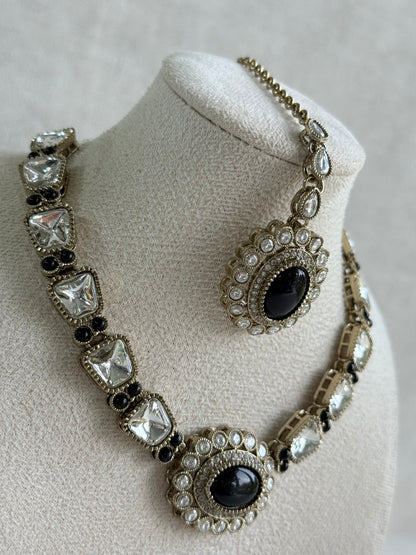 Ayura Designs Inza Necklace Set – Black Stones, Kundan & Crystals with Antique Gold Finish