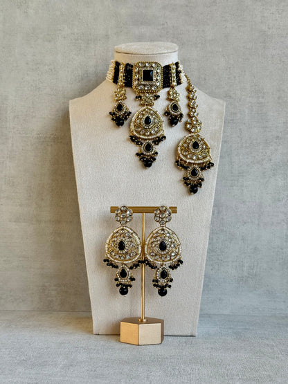 Ayura Designs Zarmeen Choker Set with Earrings & Tikka – Mirror-Cut Stones, Antique Gold Finish and Black Beads