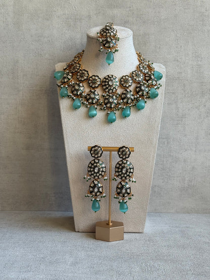 Ayura Designs Sumaira Set – Necklace, Earrings & Tikka with Kundan, Green Meenakari Detailing & Aqua Drops