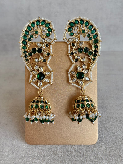 Ayura Designs Urisha Ear Climber Jhumkis – Emerald Green, Kundan & Pearl Detailing